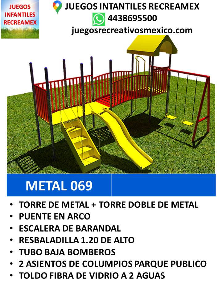 modulo de metal con resbaladilla, puente en arco, escalera de barandal, tubo baja bomberos